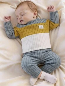 SHEIN Playful Pals Long Sleeve Baby Boy Colorblock Patchwork Top And Pants Set Beach Holiday Light Grey Autumn Casual Classy, School - Multicolor - View 4