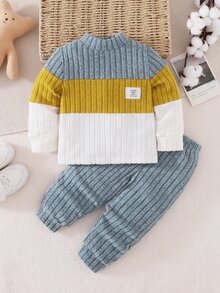 SHEIN Playful Pals Long Sleeve Baby Boy Colorblock Patchwork Top And Pants Set Beach Holiday Light Grey Autumn Casual Classy, School - Multicolor - View 12