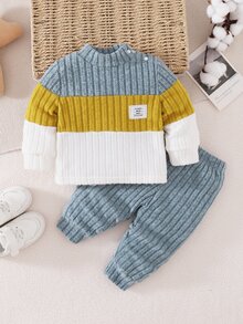 SHEIN Playful Pals Long Sleeve Baby Boy Colorblock Patchwork Top And Pants Set Beach Holiday Light Grey Autumn Casual Classy, School - Multicolor - View 3
