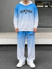 2pcs/Set Teen Boys' Casual Letter Print Hoodie Sweatshirt And Sweatpants Set, Spring & Autumn - Blue - View 1