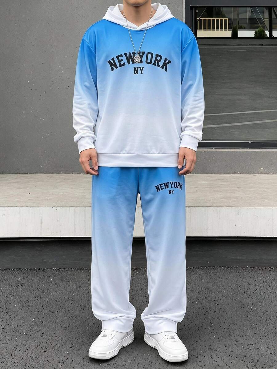 2pcs/Set Teen Boys' Casual Letter Print Hoodie Sweatshirt And Sweatpants Set, Spring & Autumn - Blue - View 1