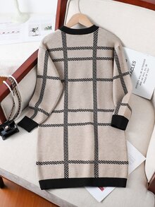 Tween Girls Autumn Fashion Classic Round Neck Long Sleeve Mid-Calf Elegant Casual Cool Dress Plaid Mid-Length Knitted Dress Farewell Dark Grey - Khaki - View 2