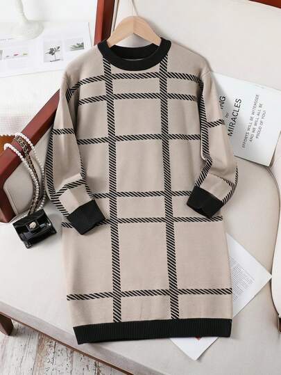 Tween Girls Autumn Fashion Classic Round Neck Long Sleeve Mid-Calf Elegant Casual Cool Dress Plaid Mid-Length Knitted Dress Farewell Dark Grey