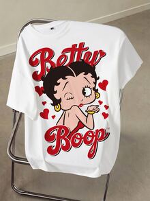 Betty Boop x SHEIN 大尺碼卡通印花圓領短袖時尚T恤 - 白色 - 查看 1