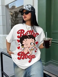 Betty Boop x SHEIN 大尺碼卡通印花圓領短袖時尚T恤 - 白色 - 查看 3