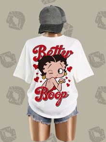 Betty Boop x SHEIN 大尺碼卡通印花圓領短袖時尚T恤 - 白色 - 查看 7