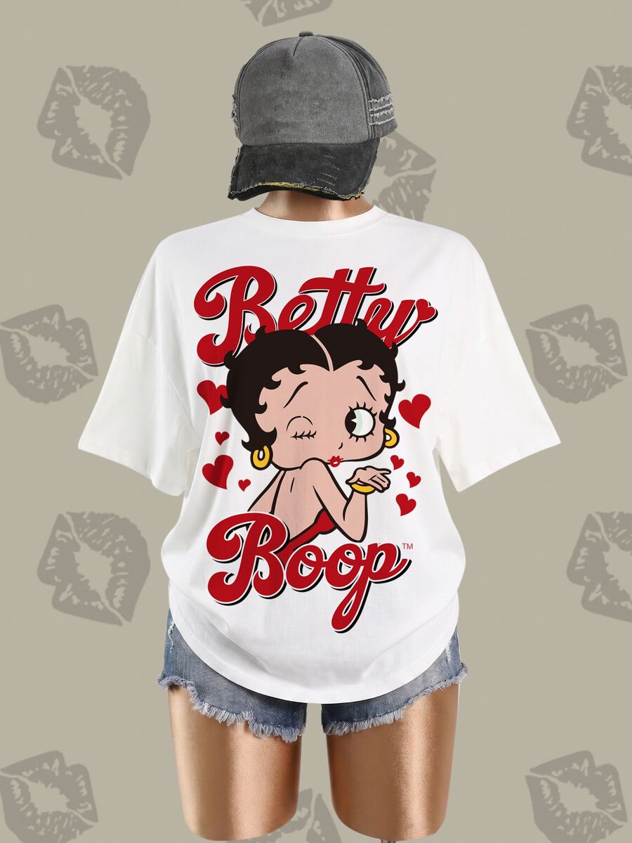 Betty Boop x SHEIN Plus Size Cartoon Print Crew Neck Short Sleeve Fashion T-Shirt - White - View 1