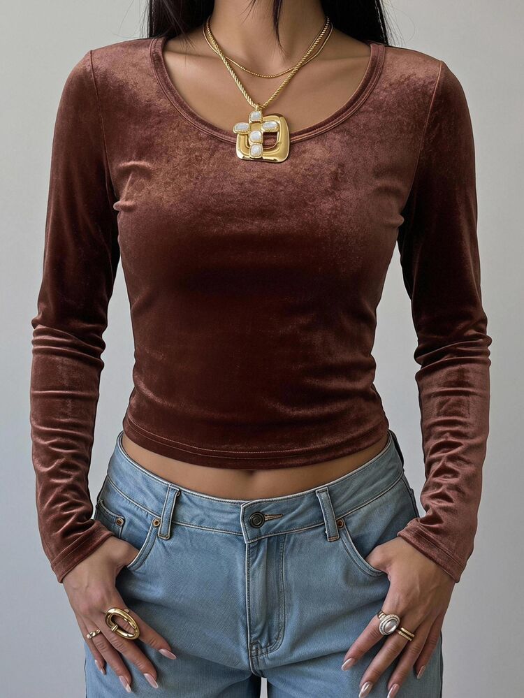 SHEIN EZwear Women's Solid Color Slim Fit Versatile Everyday Long Sleeve T-Shirt - Mocha Brown - View 7