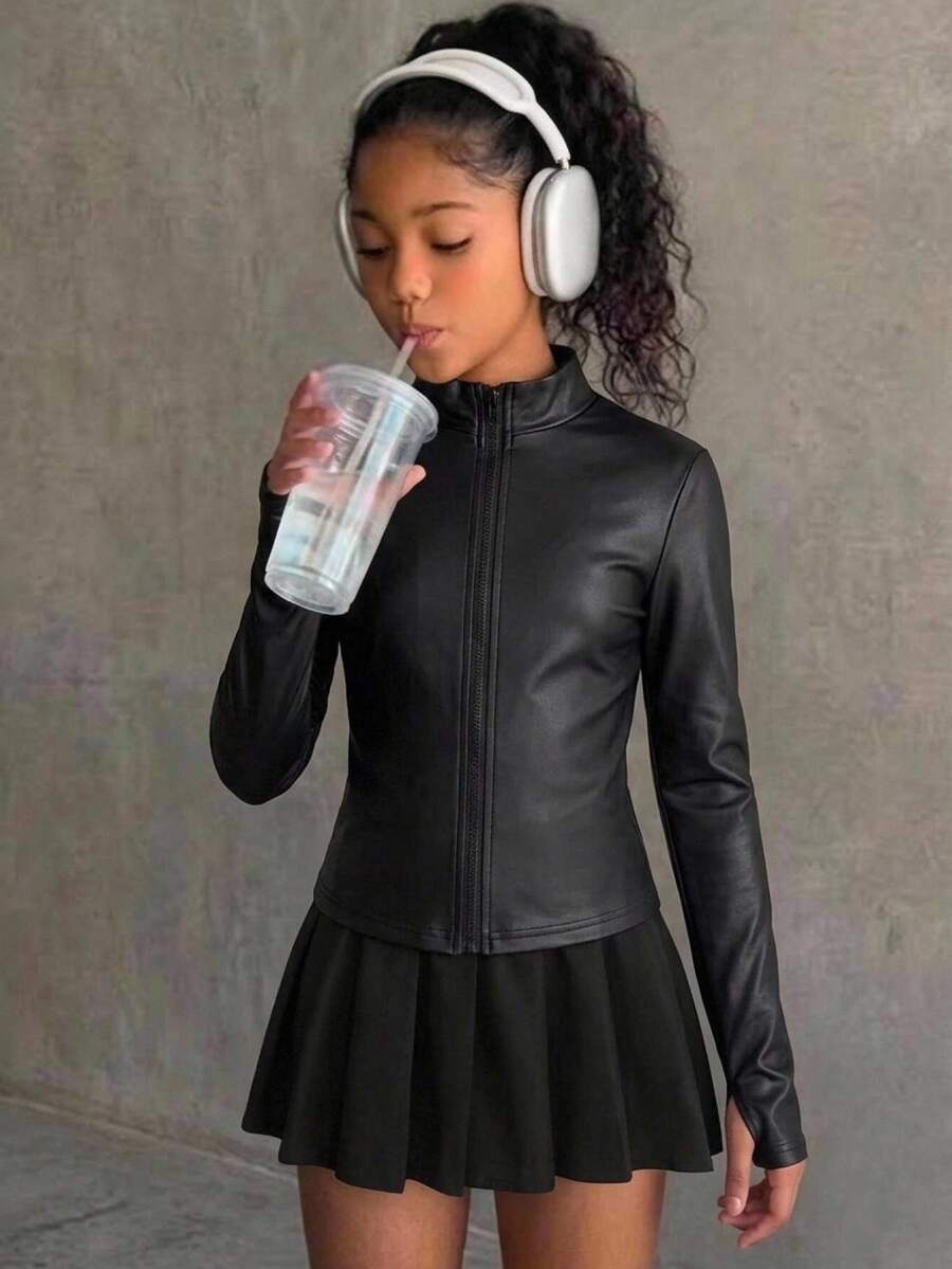 SHEIN Jaket Olahraga Anak Perempuan Remaja Musim Semi Musim Panas Musim Gugur Musim Dingin Semua Musim Olahraga Perlindungan Matahari Resleting Pas Badan untuk Lari, Gym, Yoga, Pas Badan - Hitam - View 1