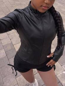 SHEIN Jaket Olahraga Anak Perempuan Remaja Musim Semi Musim Panas Musim Gugur Musim Dingin Semua Musim Olahraga Perlindungan Matahari Resleting Pas Badan untuk Lari, Gym, Yoga, Pas Badan - Hitam - View 3