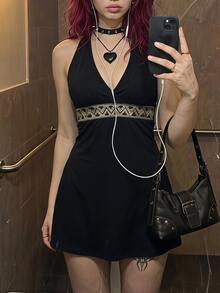 EgrlEra 性感V领高腰优雅女式连衣裙 - 黑色 - 查看 1