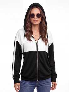 Yalmera Jaket Lengan Panjang Wanita dengan Tali Serut, Tudung, dan Resleting, Kombinasi Warna, Kasual, Serbaguna, untuk Perjalanan Sehari-hari - Hitam dan Putih - View 7