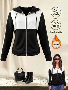 Yalmera Jaket Lengan Panjang Wanita dengan Tali Serut, Tudung, dan Resleting, Kombinasi Warna, Kasual, Serbaguna, untuk Perjalanan Sehari-hari - Hitam dan Putih - View 3