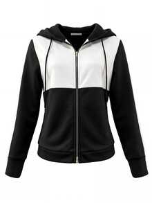 Yalmera Jaket Lengan Panjang Wanita dengan Tali Serut, Tudung, dan Resleting, Kombinasi Warna, Kasual, Serbaguna, untuk Perjalanan Sehari-hari - Hitam dan Putih - View 5