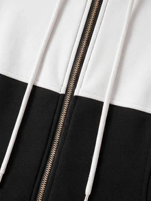 Yalmera Jaket Lengan Panjang Wanita dengan Tali Serut, Tudung, dan Resleting, Kombinasi Warna, Kasual, Serbaguna, untuk Perjalanan Sehari-hari - Hitam dan Putih - View 6