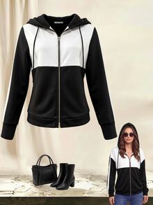 Yalmera Jaket Lengan Panjang Wanita dengan Tali Serut, Tudung, dan Resleting, Kombinasi Warna, Kasual, Serbaguna, untuk Perjalanan Sehari-hari - Hitam dan Putih - View 8