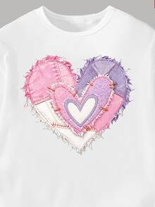 Girls' Fresh Fashion Purple & Pink Patchwork Heart Print Basic Short Sleeve T-Shirt & Purple & Pink Patchwork Wide Leg Pants Set - Multicolor - View 6