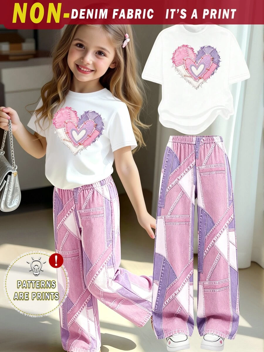 Girls' Fresh Fashion Purple & Pink Patchwork Heart Print Basic Short Sleeve T-Shirt & Purple & Pink Patchwork Wide Leg Pants Set - Multicolor - View 1