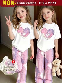 Girls' Fresh Fashion Purple & Pink Patchwork Heart Print Basic Short Sleeve T-Shirt & Purple & Pink Patchwork Wide Leg Pants Set - Multicolor - View 3