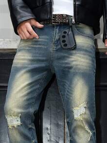 GALLERY FADE Men's Vintage Washed Blue Horseshoe Denim Jeans, Slim Fit Stretch Micro Flare Distressed Patchwork Long Pants - Medium Wash - View 8