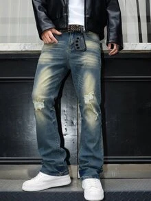 GALLERY FADE Men's Vintage Washed Blue Horseshoe Denim Jeans, Slim Fit Stretch Micro Flare Distressed Patchwork Long Pants - Medium Wash - View 5