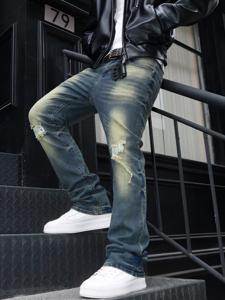 GALLERY FADE Men's Vintage Washed Blue Horseshoe Denim Jeans, Slim Fit Stretch Micro Flare Distressed Patchwork Long Pants