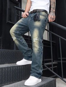 GALLERY FADE Men's Vintage Washed Blue Horseshoe Denim Jeans, Slim Fit Stretch Micro Flare Distressed Patchwork Long Pants - Medium Wash - View 6