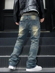 GALLERY FADE Men's Vintage Washed Blue Horseshoe Denim Jeans, Slim Fit Stretch Micro Flare Distressed Patchwork Long Pants - Medium Wash - View 3