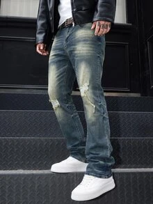 GALLERY FADE Men's Vintage Washed Blue Horseshoe Denim Jeans, Slim Fit Stretch Micro Flare Distressed Patchwork Long Pants - Medium Wash - View 4
