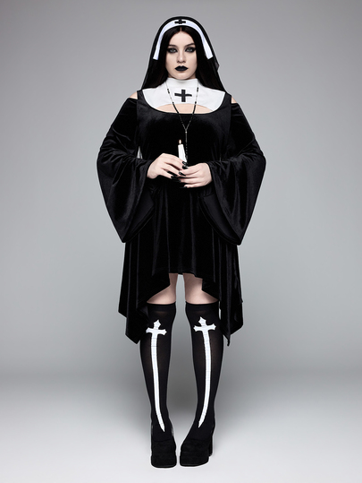 ROMWE Avant Disfraz de Cosplay de Halloween Talla Grande: Atuendo de Monja Estilo Oscuro con Diseño de Cruz en Bloques de Color y Corte de Hombros Descubiertos - Perfecto para Fiestas de Halloween