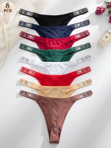 Wedaily 8pcs/Set Luxury Rhinestone Decorated Women's Comfortable Thong Panties, Multicolor - Multicolor - View 2