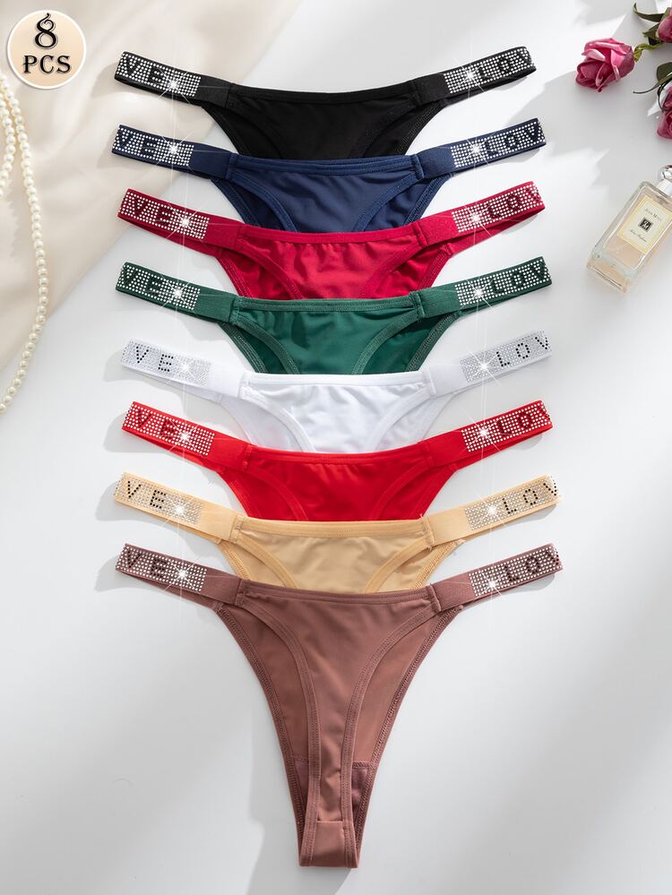 Wedaily 8pcs/Set Luxury Rhinestone Decorated Women's Comfortable Thong Panties, Multicolor - Multicolor - View 2