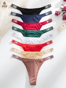Wedaily 8pcs/Set Luxury Rhinestone Decorated Women's Comfortable Thong Panties, Multicolor - Multicolor - View 1