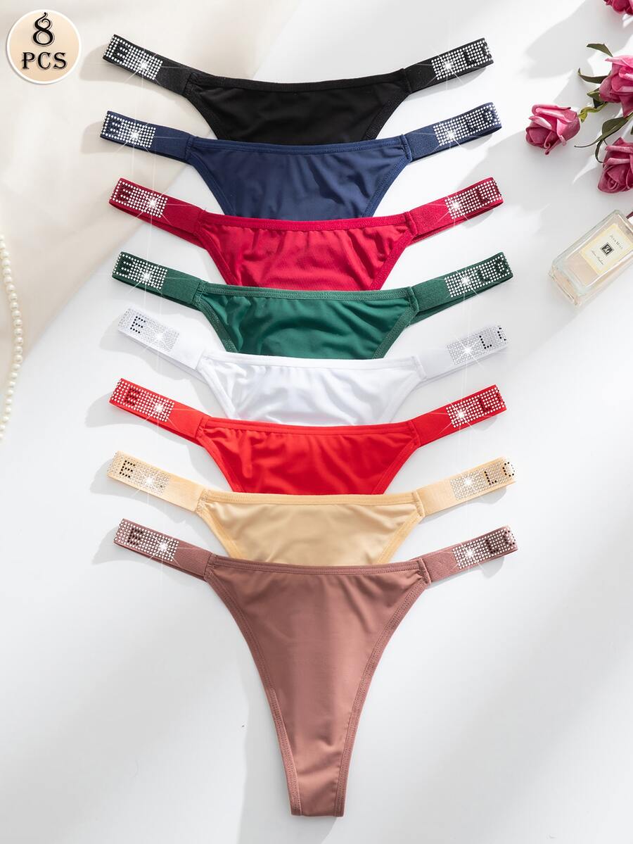 Wedaily 8pcs/Set Luxury Rhinestone Decorated Women's Comfortable Thong Panties, Multicolor - Multicolor - View 1