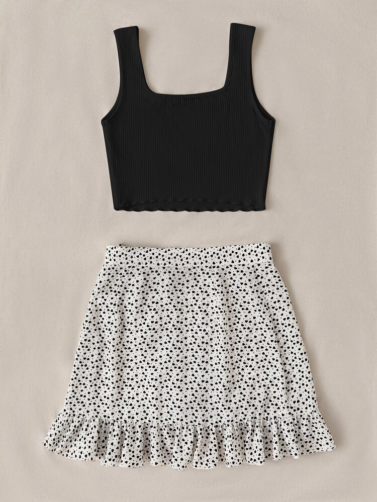 Soleia Women's Knit Vest And Heart & Polka Dot Printed Ruffle Hem Woven Skirt Outfit - Black and White - View 2