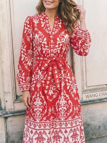 Dayvera Gaun Panjang Wanita Motif Cetak Seluruh Permukaan dengan Ikat Pinggang, Kasual untuk Pesta & Perjalanan - MultiWarna - View 6