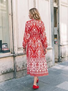 Dayvera Gaun Panjang Wanita Motif Cetak Seluruh Permukaan dengan Ikat Pinggang, Kasual untuk Pesta & Perjalanan - MultiWarna - View 3