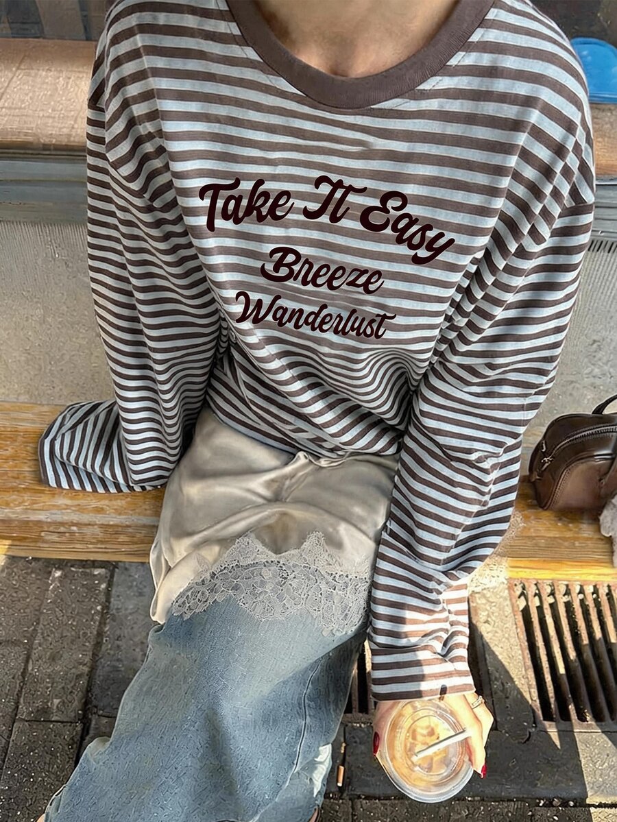 Soleia Women's Striped Letter Print Sweatshirt - Multicolor - View 1