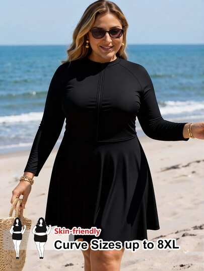 SHEIN CURVE+ Plus Size Women's Solid Color Zipper Front Long Sleeve Casual Surf Suit For Beach Cycling Tennis Sport Gym Black Summer