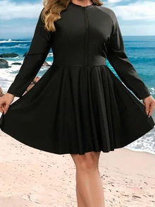 SHEIN CURVE+ Plus Size Women's Solid Color Zipper Front Long Sleeve Casual Surf Suit For Beach Sports Sports Cycling Tennis Sport Gym Navy Blue Summer - Black - View 5