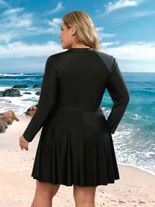 SHEIN CURVE+ Plus Size Women's Solid Color Zipper Front Long Sleeve Casual Surf Suit For Beach Sports Sports Cycling Tennis Sport Gym Navy Blue Summer - Black - View 2