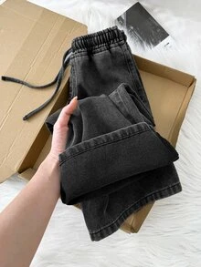 Young Girl Y2K 腰部黑色牛仔寬鬆褲，秋冬款，女童校服，聖誕，幼童，街頭風 - 黑色 - 查看 6