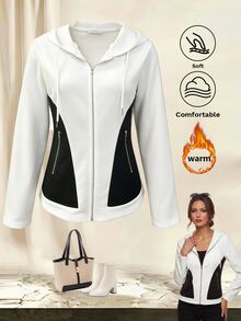 Yalmera Women's Colorblock Patchwork Hooded Regular Jacket - Black and White - View 3
