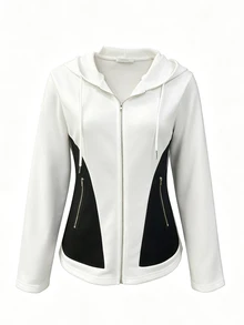 Yalmera Women's Colorblock Patchwork Hooded Regular Jacket - Black and White - View 4