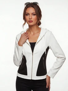 Yalmera Women's Colorblock Patchwork Hooded Regular Jacket - Black and White - View 7