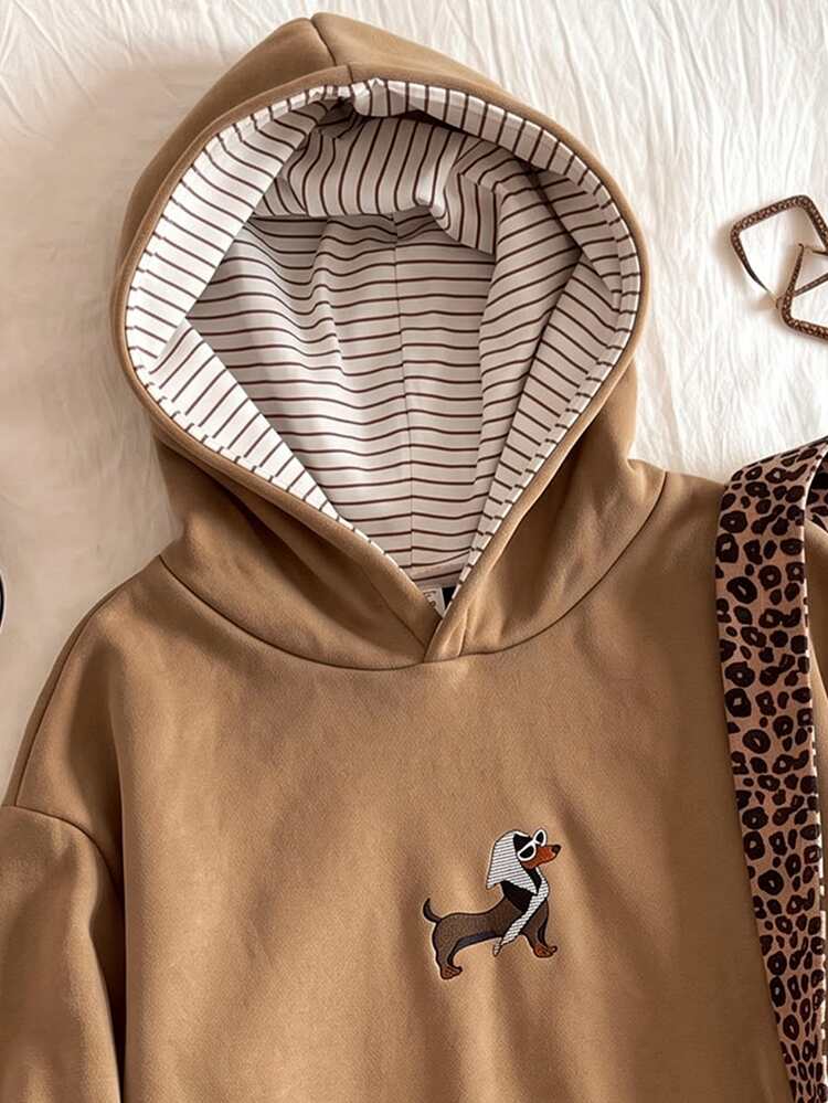 Teen Girl Casual Cute Leopard Print Lining Hooded Sweatshirt, Khaki Puppy Print, Autumn/Winter Campus Daily Birthday Bottle Girl Versatile - Apricot - View 4