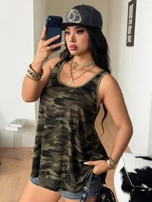 Coolane 女款大尺碼夏季秋季休閒度假時尚街頭風優雅時髦日常迷彩印花綠色背心 - 軍綠色 - 查看 3