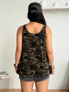 Coolane 女款大尺碼夏季秋季休閒度假時尚街頭風優雅時髦日常迷彩印花綠色背心 - 軍綠色 - 查看 7