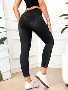 SHEIN PETITE 夏季女款純色簡約街頭休閒牛仔褲 小碼日常通勤 深灰色 - 黑色 - 查看 2