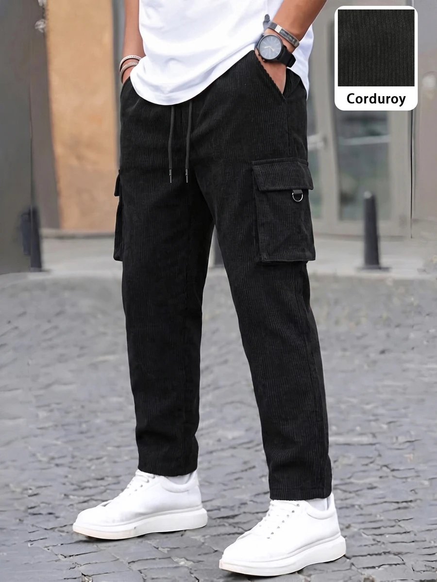 Manfinity CasualCool 男士黑色直筒休閒街頭風運動通勤百搭長褲，彈性腰頭、D型環扣設計、大口袋，適合度假秋季 - 黑色 - 查看 1